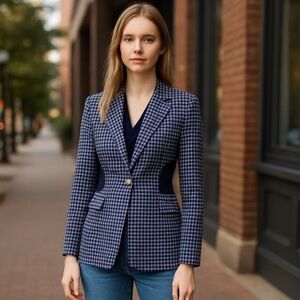 CABI # 5848 Checkup Blazer Jacket in Navy Blue  (Chambray Check) S